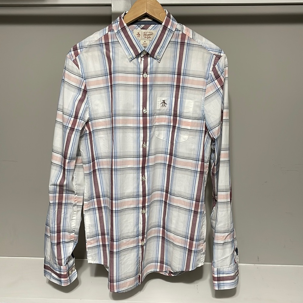 NWOT Original Penguin Heritage Slim Fit Plaid Size Medium Blue White Burgundy